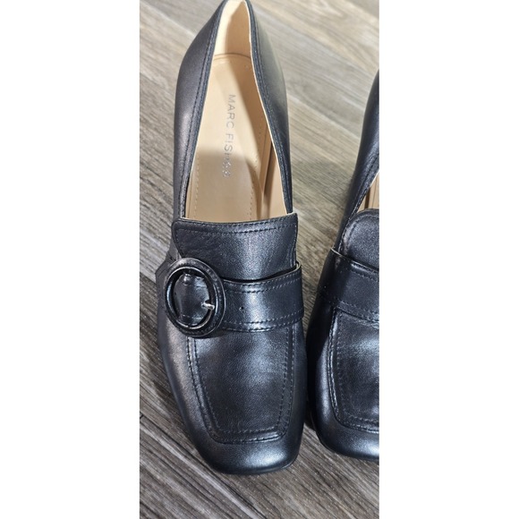 Marc Fisher Garland Black Leather Square Toe Loafer Heels w/ Buckle Detail 7.5M - Picture 12 of 14